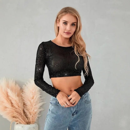 Fashionable Beaded T-shirt Sequined Slim-fit Crop Top