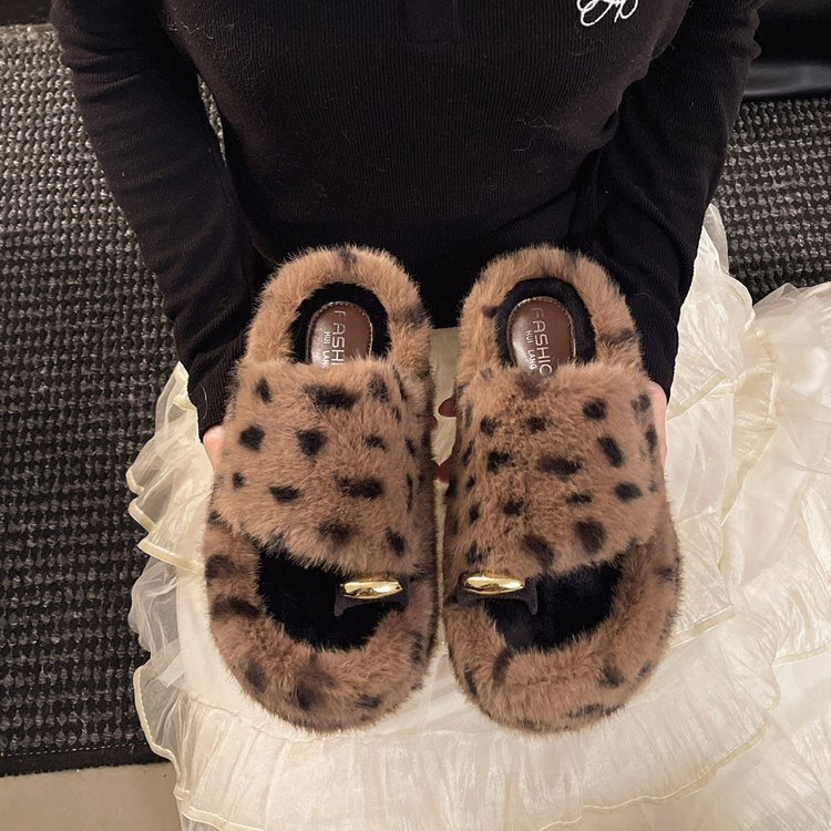 Hairy Slippers With Fashionable Leopard Print Toes For Home And Outdoor Wear, Warm Fur Slippers