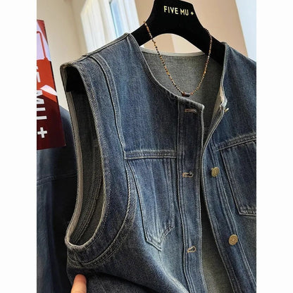 Round-neck Loose-fit Figure-flattering Denim Vest Jacket