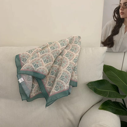 Korean-style Cashew Flower Cotton-Linen Square Scarf For Women