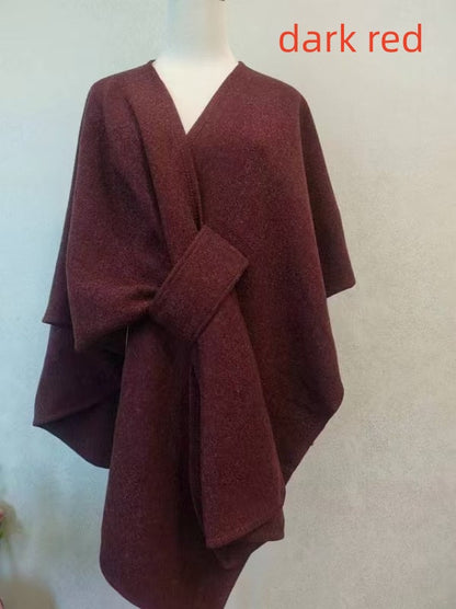 Faux Fur Collar Pom Pom Knitted Cardigan Cape - Women's Warm Winter Shawl Wrap Coat