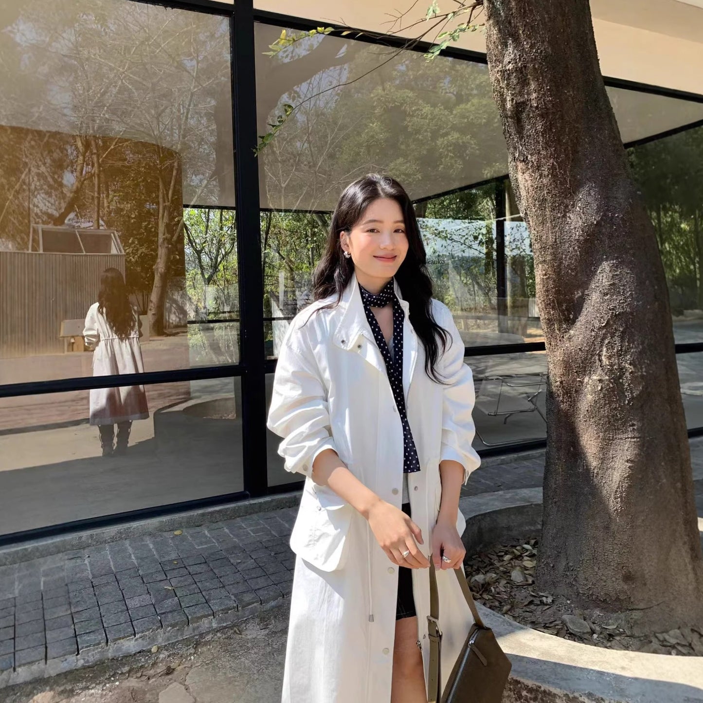 Loose Casual Stylish Long Trench Coat With A Stand Collar And Drawstring