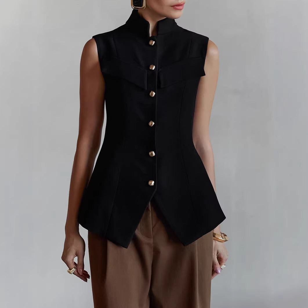 Designer-style Small Stand-up Collar Buttoned Sleeveless Vest