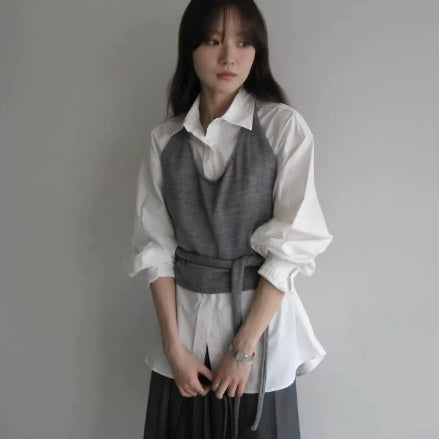 Solid-color Halter-neck Knitted Vest With A Belt