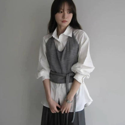 Solid-color Halter-neck Knitted Vest With A Belt