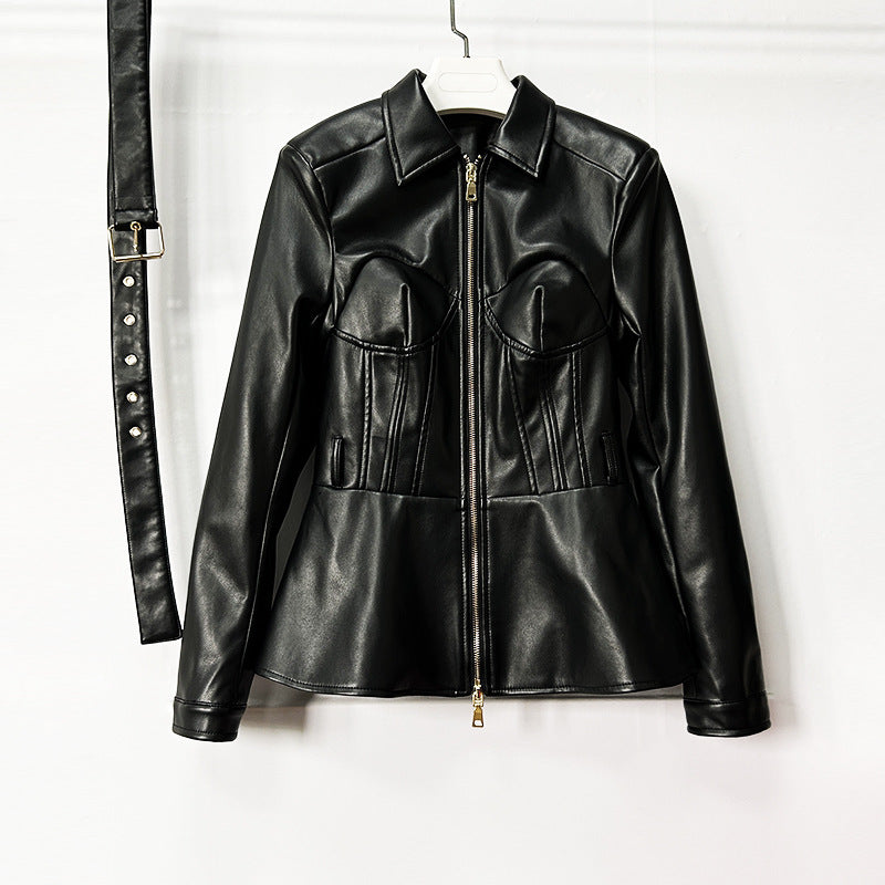 Zipper Belt Lapel Long-Sleeve Coat