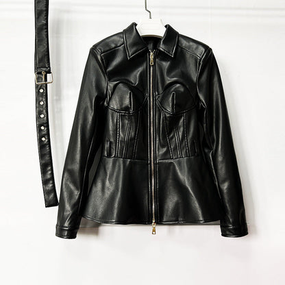Zipper Belt Lapel Long-Sleeve Coat