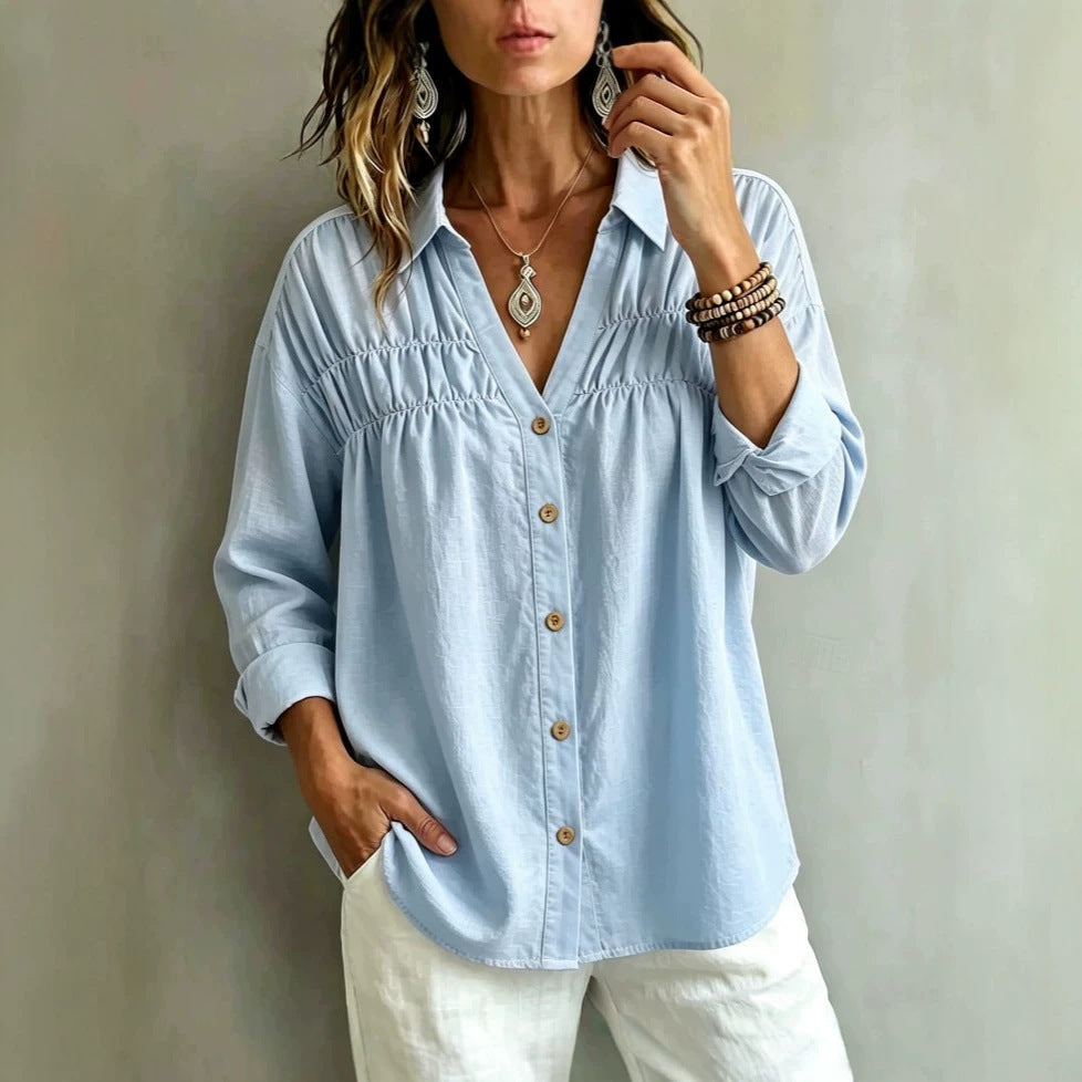 Loose-fit Casual Long-sleeve V-neck Womens Blouse With Buttons
