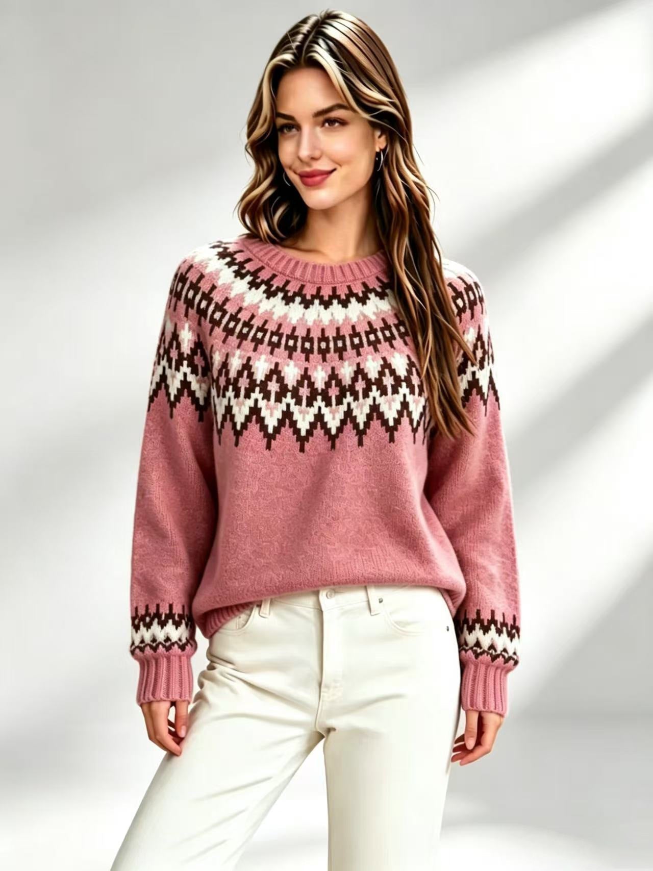 Womens Retro Fair-Isle Knit Crew-Neck Sweater