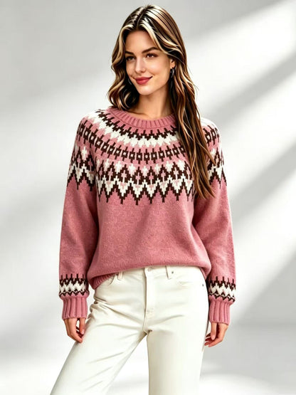 Womens Retro Fair-Isle Knit Crew-Neck Sweater