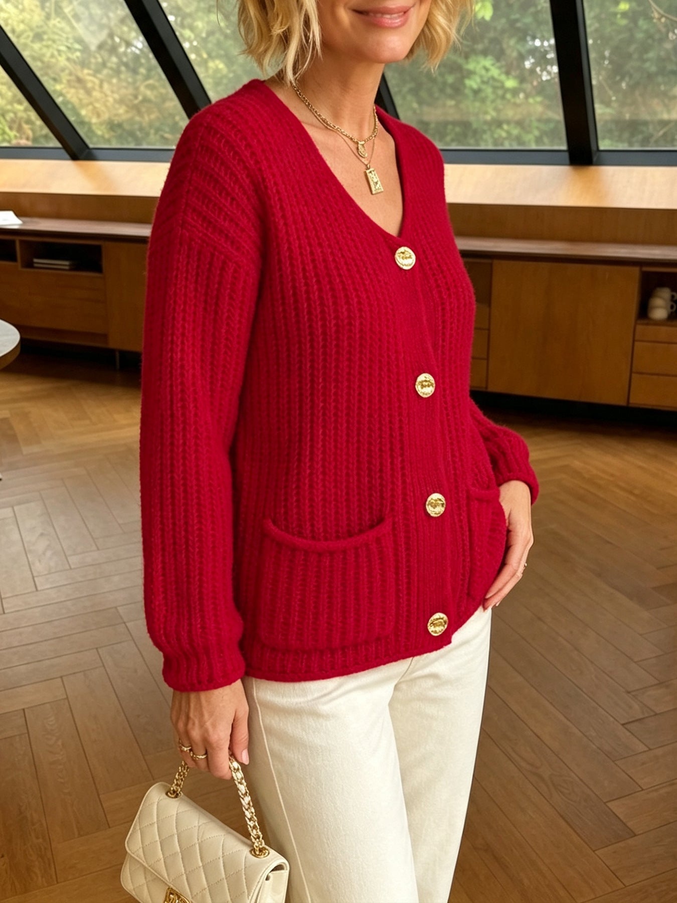 New Arrival For Autumn&Winter Vintage Gold Button Thick Ribbed Knit Red Cardigan With Pockets