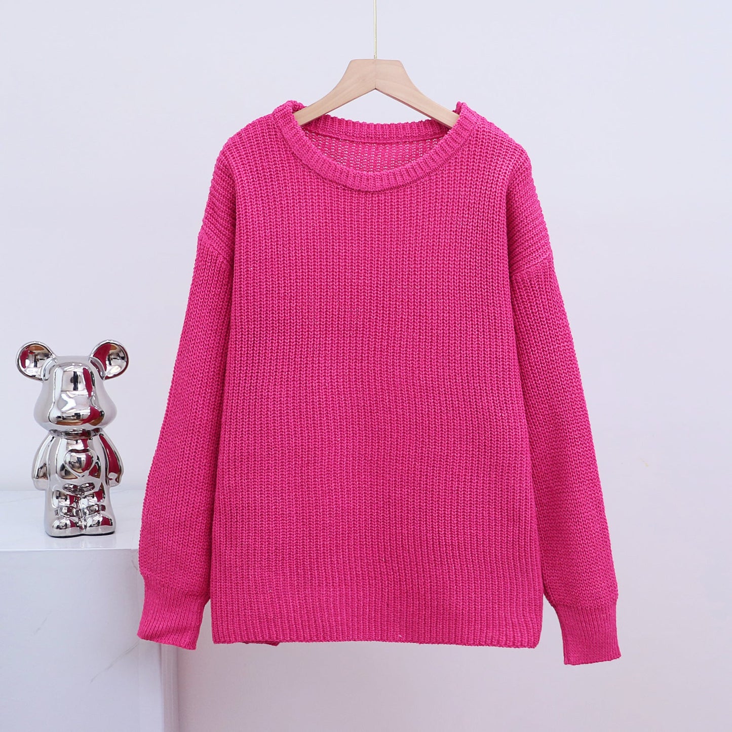 Loose-fit Crew-neck Solid-color Long-sleeve Knit Cardigan