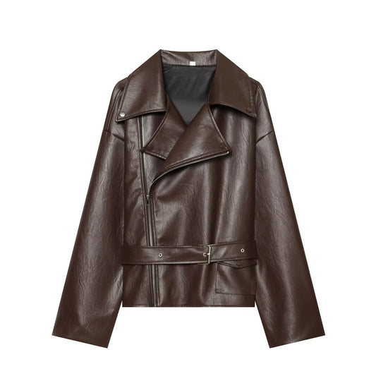 Elegant LapelneckLaceup Cropped Leather Jacket For Workwear