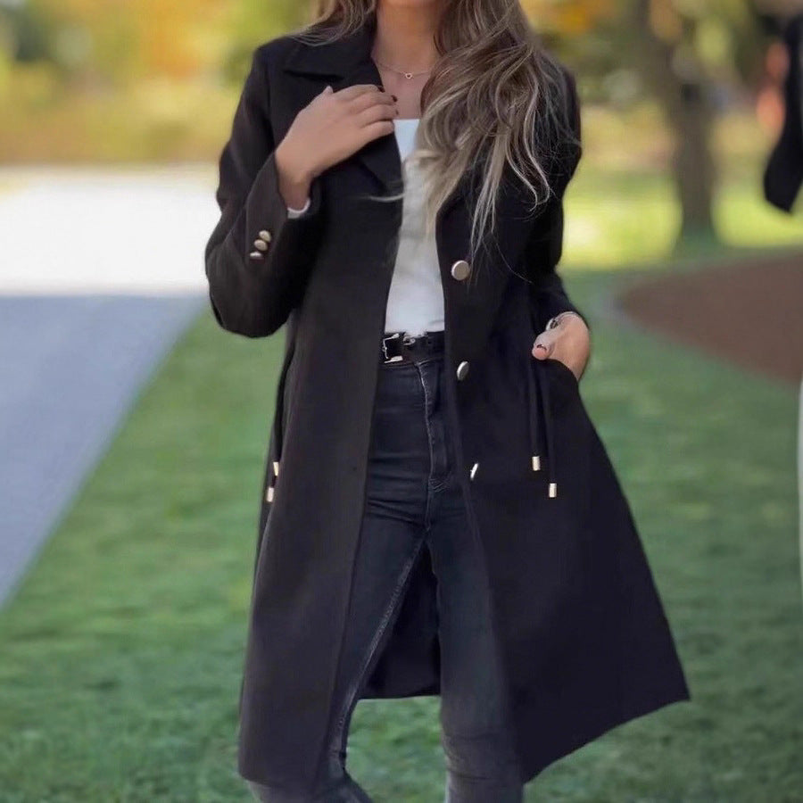 Womens Fashion Solid-color Mid-length Wool Coat With Drawstring And Pockets