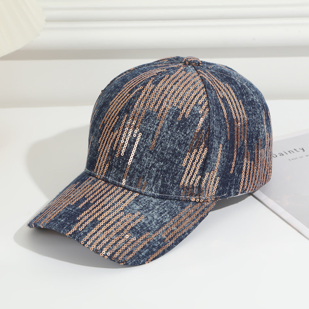 Full-pattern Vertical Sequin Washed Denim Baseball Cap, Suitable For Women's Outdoor Outings And Date Occasions, Versatile And Easy To Wear