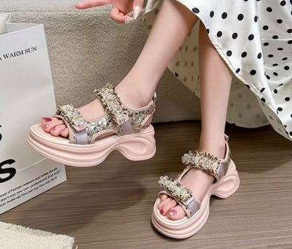 Platform Thick Sole Sandals Women 2026 Summer Foreign Trade Velcro Sporty Student Roman Women Champagne Sandals