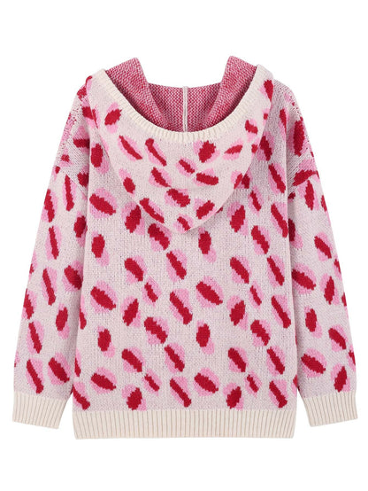 Women Casual Drop Shoulder Hooded Knit Top Pink Leopard Pattern Wool Blend Sweater