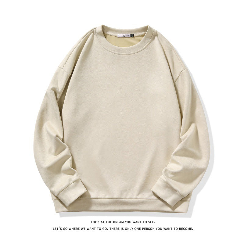 Mens Simple Suede-Brushed Pullover Crewneck Long-Sleeve Sweatshirt