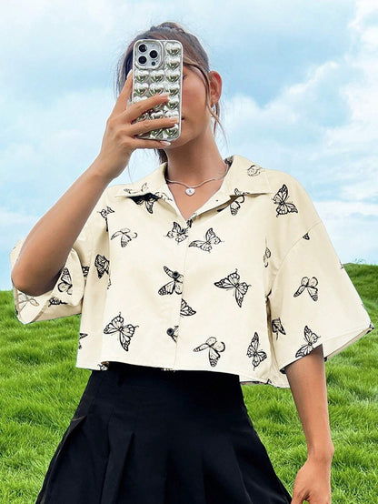 Women's Clothing Amazon TEMU Fashion Printed Short-sleeved Niche Butterfly Printed Shirt Women's Clothing