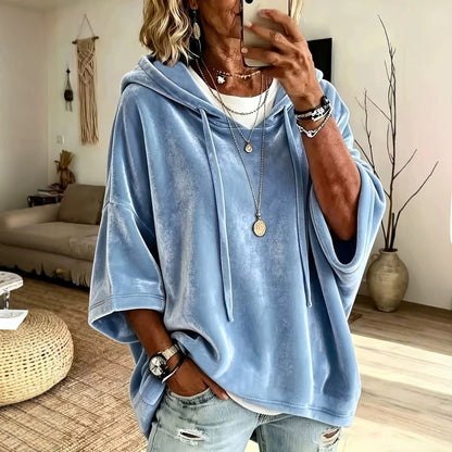 Women Velvet Batwing Short Sleeve Hoodie, Drawstring Loose Casual Solid Color Pullover Tops