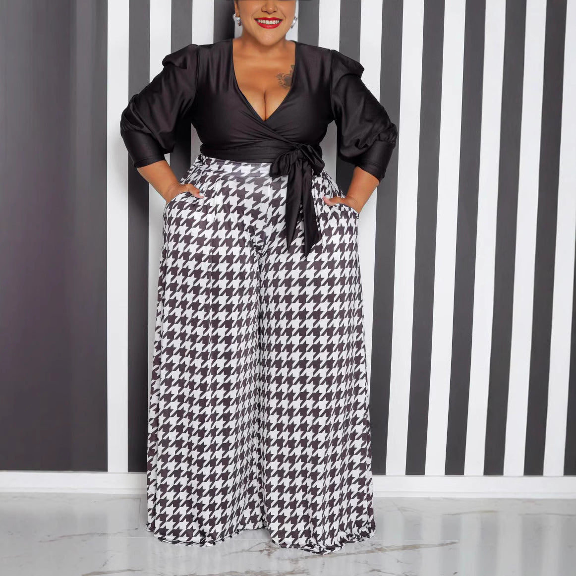 Casual Houndstooth Wide-leg Pants For Women