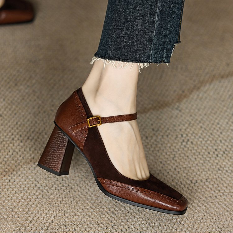 Patchwork Chunky Heel Buckle French Style Square Toe High Heel