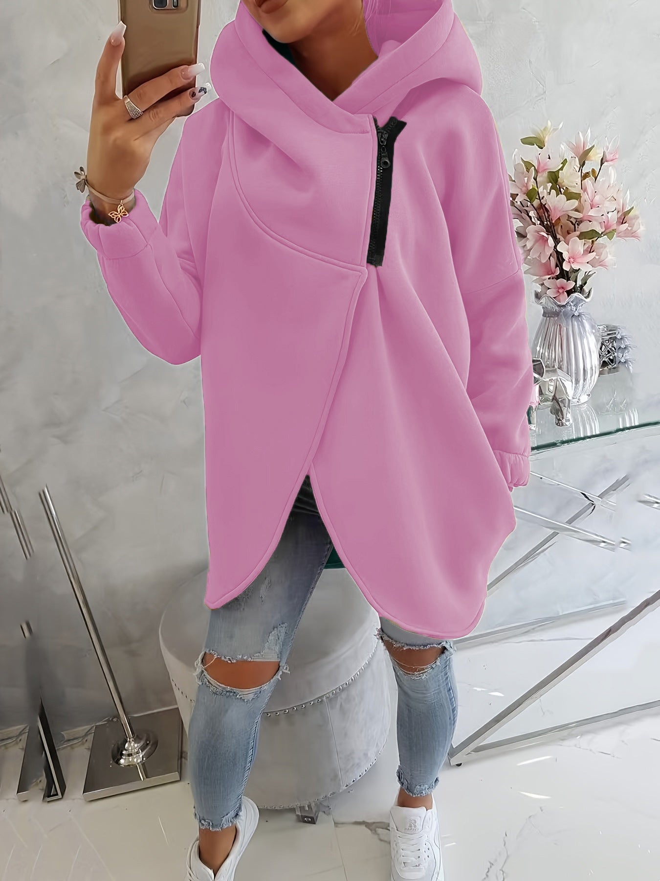 2025 European And American Cross-Border Women's Long-Sleeved Casual Black Hooded Jacket Sweatshirt With Front Pocket Zipper Hoodie