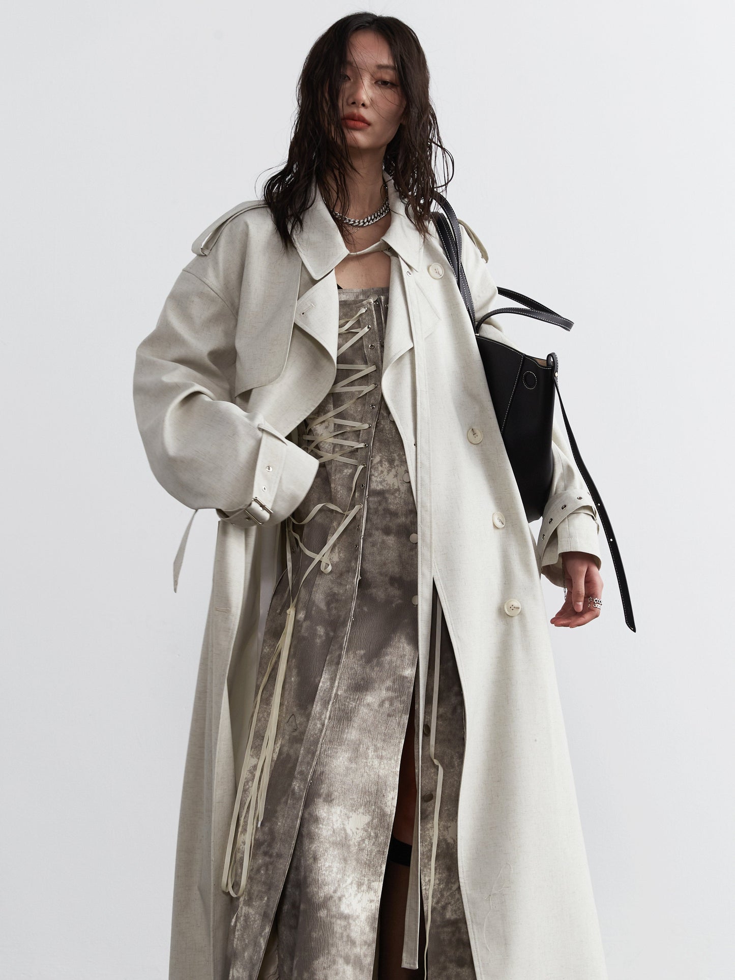 Lime-white Bandage-decorated Unisex Long Trench Coat