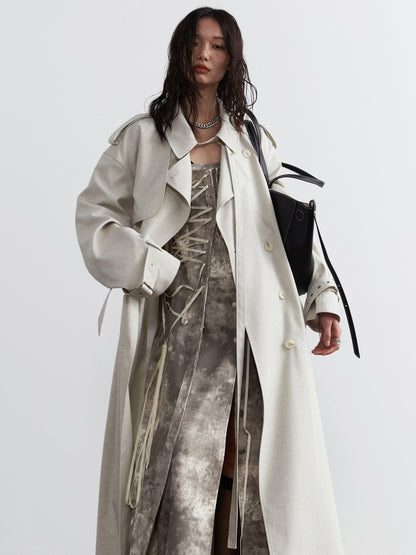 Lime-white Bandage-decorated Unisex Long Trench Coat