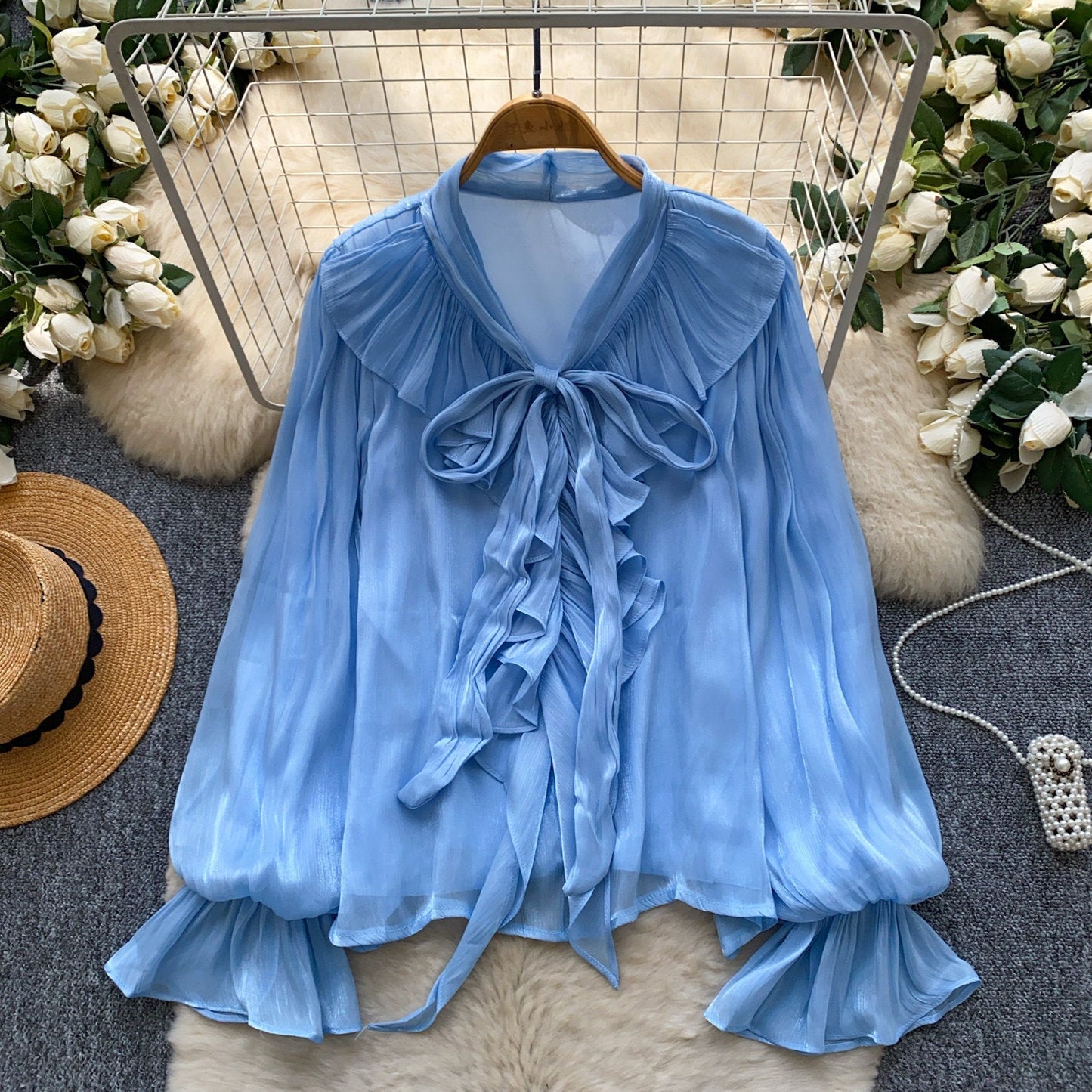 Womens Solid-Color Loose Shirt With Bow Tie Belt