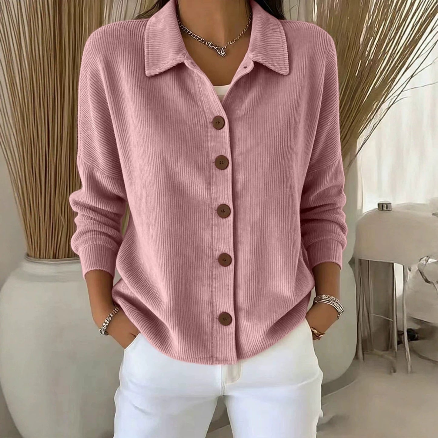 Womens Solid-Color Long-Sleeve Cardigan Polo Shirt