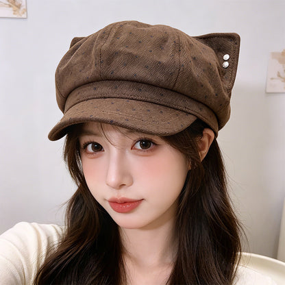 Korean-style Cute And Sweet Polka Dot Newsboy Hat Suitable For Spring And Autumn, Versatile For Casual Wear, Painter's Hat