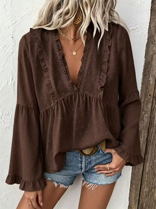 Fall V-Neck Lace Ruffle Dot Blouse Loose Flare Long Sleeve Babydoll Top For Daily Commute Outfit