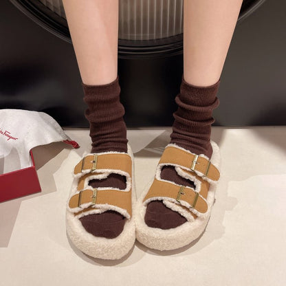 New Plus Size Platform Furry Slippers For Export, Single Strap With Buckle, Fleece Lined Thick Plush Warm Slides For Indoor & Outdoor Use