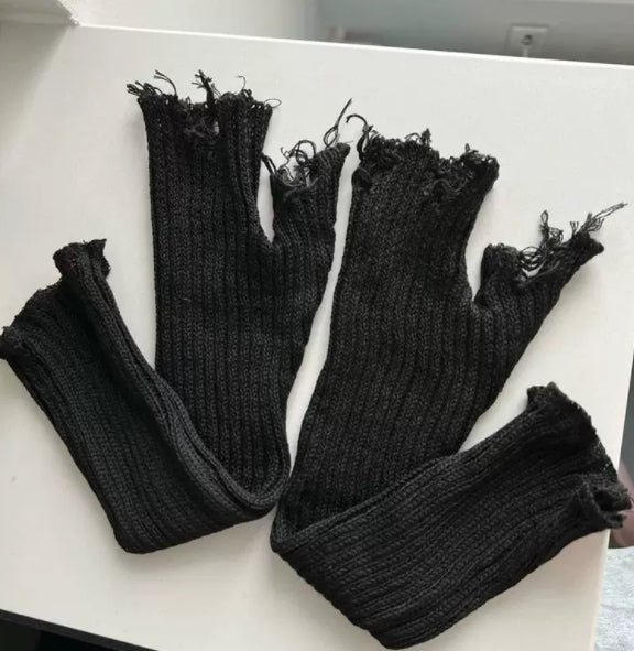 1pair Black Tattered Punk Unisex Fingerless Cuff Knit Gloves