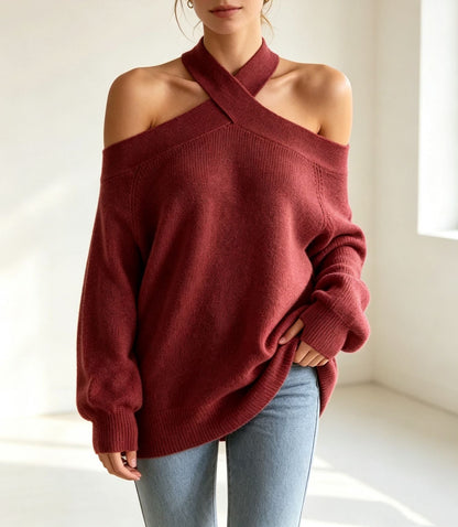 Halterneck Off-shoulder Knitted Pullover For Women