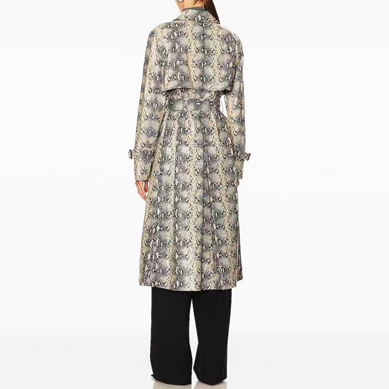 Snake-Print Faux Leather Long Trench Coat