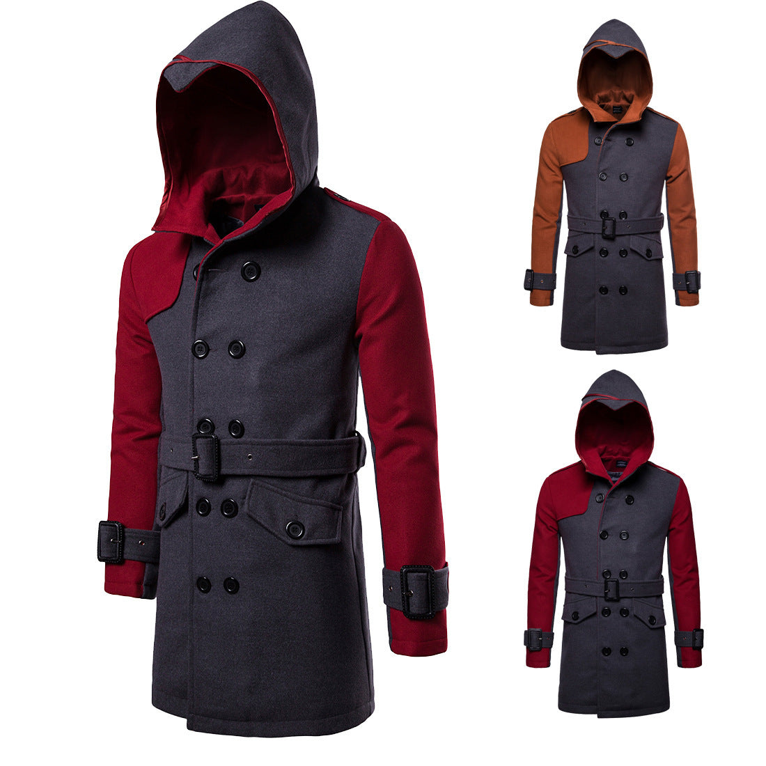 Double-breasted Hooded Belted Mid-length Wool Trench Coat