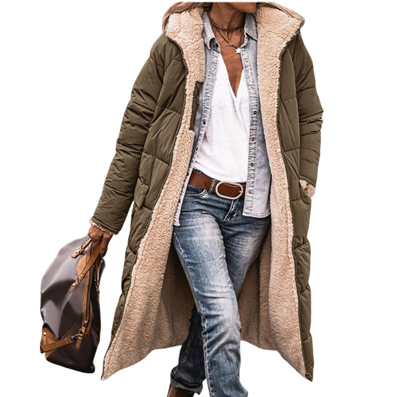 Long-sleeve Thermal Cardigan Hooded Cotton-padded Coat Mid-length