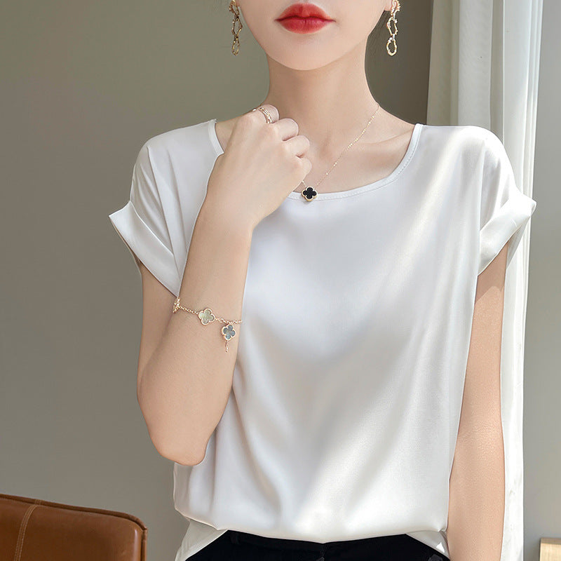 French-style Minimalist Chic Round-neck Short-sleeve Blouse For Women