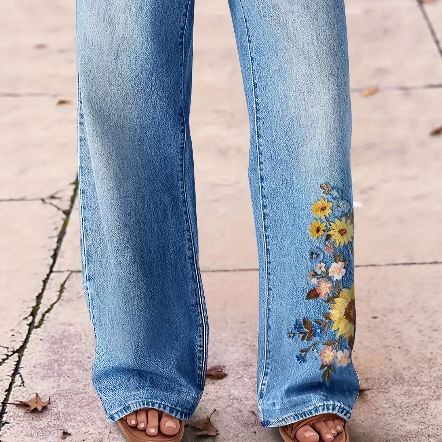 Floral-Embroidered Draped Wide-Leg Washed Denim Casual Trousers