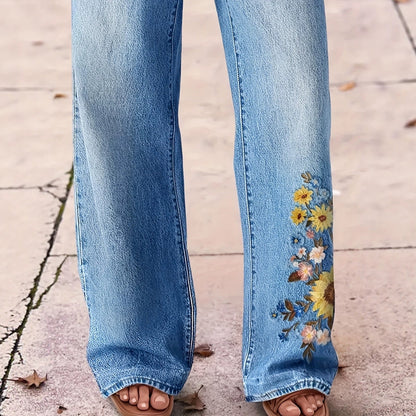 Floral-Embroidered Draped Wide-Leg Washed Denim Casual Trousers