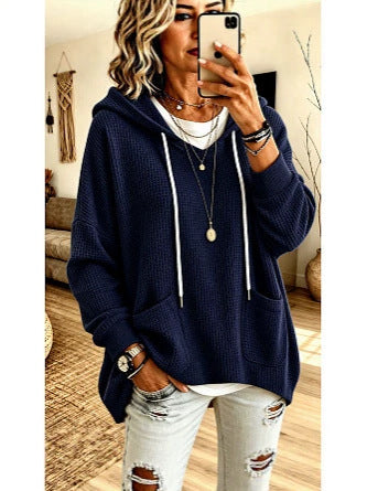 Anuo Self-developed European & American Autumn Winter Women's Waffle Loose Long Sleeve Hoodie Casual Sweatshirt
