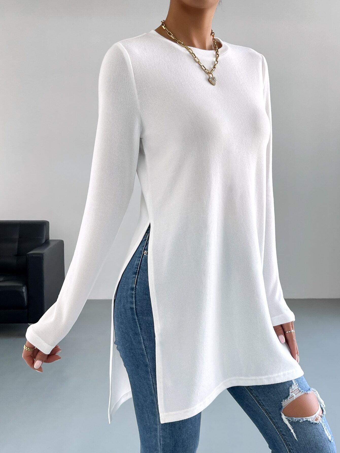 AliExpress Explosions Women's Long Sleeve Top TEMU Solid Color Hems Split Long T-Shirt Women