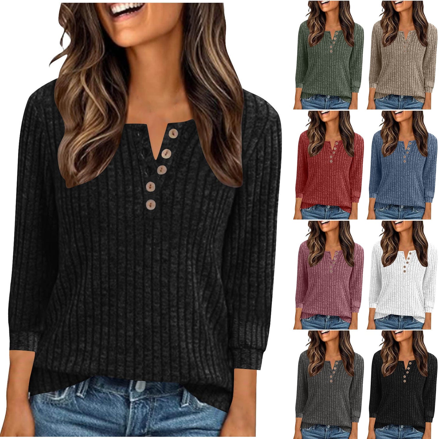 Women's V-neck Long-Sleeve Button-Down Knitted Sweater With Ribbed Pattern, Brushed Knit, Loose-Fit Striped Polo Shirt