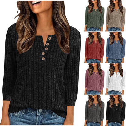 Women's V-neck Long-Sleeve Button-Down Knitted Sweater With Ribbed Pattern, Brushed Knit, Loose-Fit Striped Polo Shirt