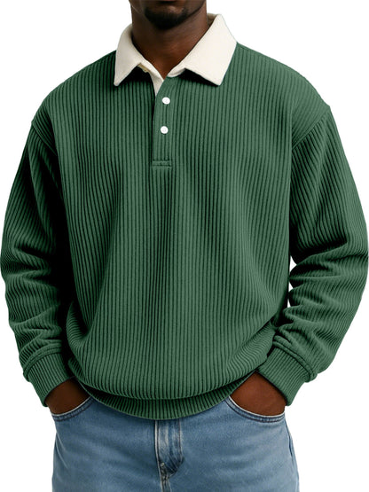 Mens Retro Color-block Corduroy Striped Casual Long-sleeve Shirt
