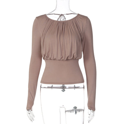 Fashionable And Sexy Waist-cinching Long-sleeve Top With A Back Tie