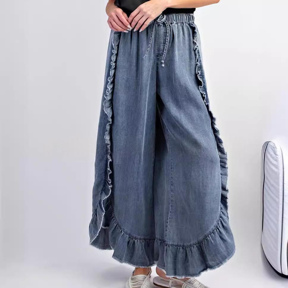 Womens Washed Cotton Denim Flared Pants With Ruffled Hem