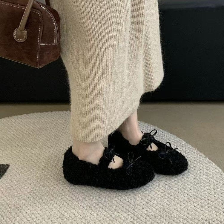 Women's French Mary Jane Shoes With Fluffy Bean Shoes And Flat Sole Shoes
